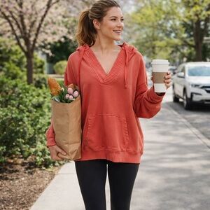 aerie V-Neck Hooded Pullover in Terracotta